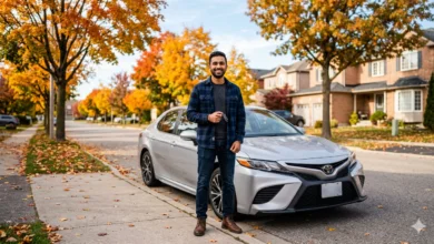 Young newcomer man holding car keys beside a silver sedan on a Canadian suburban street in autumn