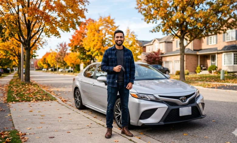 Young newcomer man holding car keys beside a silver sedan on a Canadian suburban street in autumn