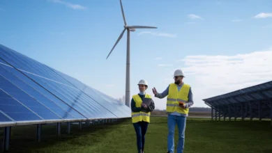 New Renewable Energy Technologies including solar panels and wind turbines inspected by engineers