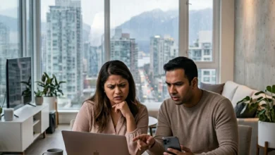 Young couple comparing online apartment rental listings in Vancouver.