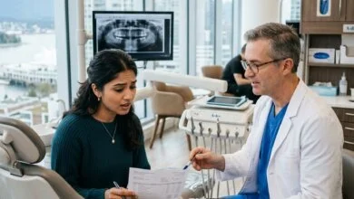 Patient reviewing dental cleaning costs inside a modern Vancouver dental clinic