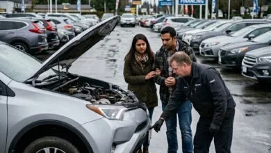Buyers inspecting a used SUV at a Lower Mainland dealership in British Columbia.