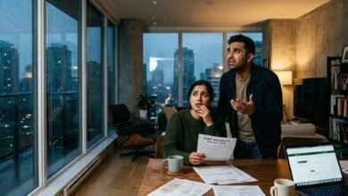 Couple in Vancouver condo reviewing water damage insurance after discovering a leak.