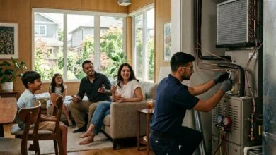 HVAC technician installing air conditioning inside a Canadian suburban home