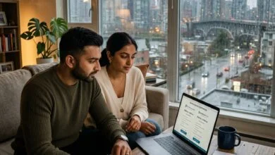 Young couple reviewing bundled auto and tenant insurance quotes in Vancouver.