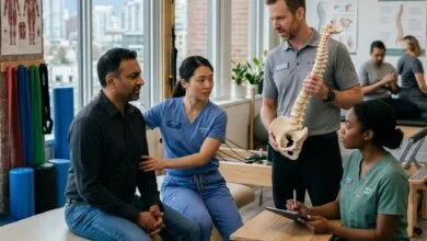 Patient consulting chiropractor physiotherapist and massage therapist inside a modern Canadian wellness clinic