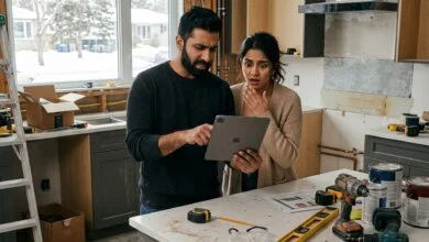 Canadian homeowners reviewing kitchen renovation costs during remodel
