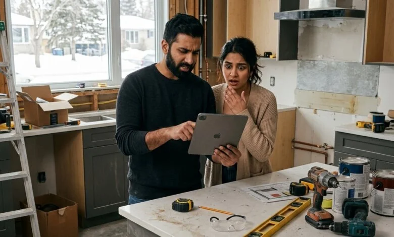Canadian homeowners reviewing kitchen renovation costs during remodel