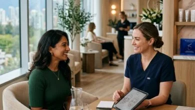 Woman consulting a medical aesthetics professional inside a modern Vancouver clinic