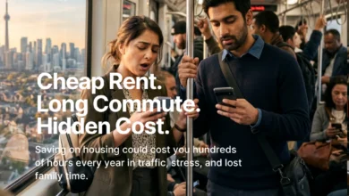 the hidden lifestyle costs of living far from work, including long commutes, stress, and lost personal time.