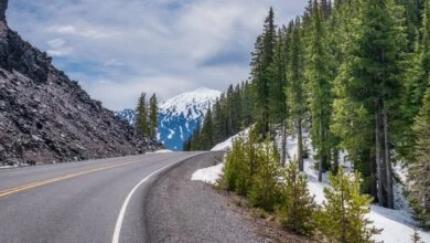 Snowy mountain highway in British Columbia during winter.