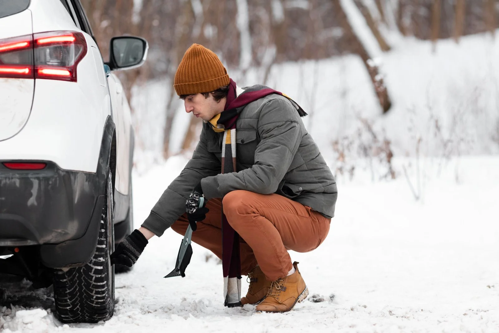 Winter tire inspection before driving in snowy conditions